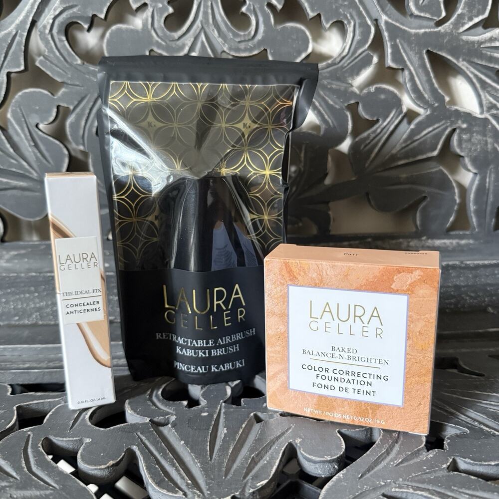 Laura Geller Line Smoother Fair 3pc Kit Baked Balance Brighten Concealer Brush